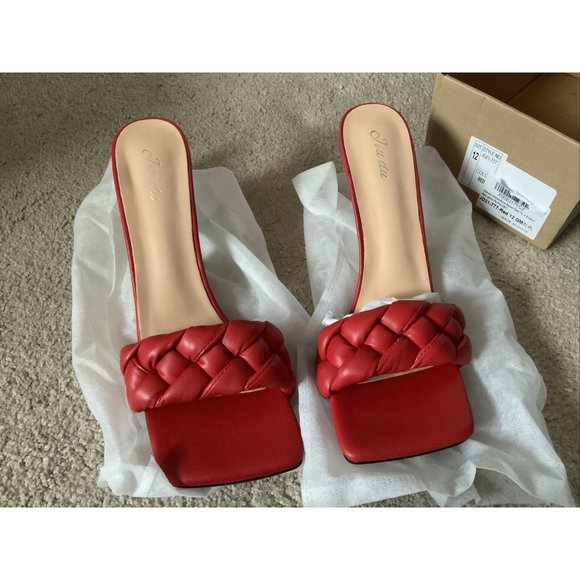 Womens Braided Heeled Mules Square Open Toe Stilleto Sandals, Red Heeled Sandals - Picture 3 of 9
